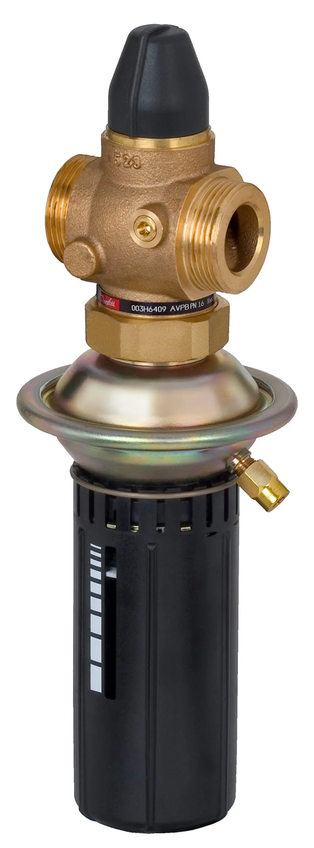 Danfoss Druckregelventil mit zwei Anschlussgewinden, verchromter Druckplatte und integriertem Durchflussbegrenzer, montiert auf einem schwarzen Zylinder.